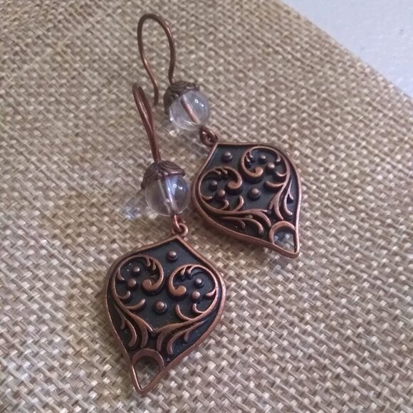 Gorgeous, Heavy & Ornate! Handmade Copper + Clear Quartz Statement Earrings - Picture 9 of 11